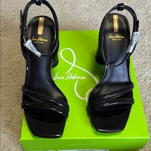 NWT-Sam Edelman Sandals Black Heels Chunky Block Patent Kia Women 6.5 Square Toe